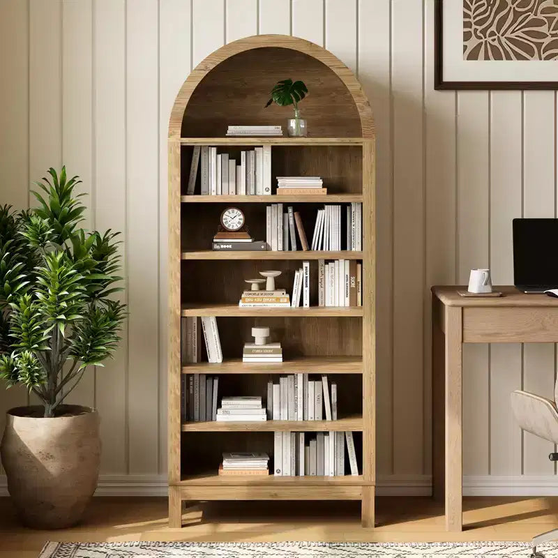 71in Tall Arched Bookcase, Modern Farmhouse 7 Tiers Arch Bookshelf Open Storage Book Shelf with Adjustable Shelves