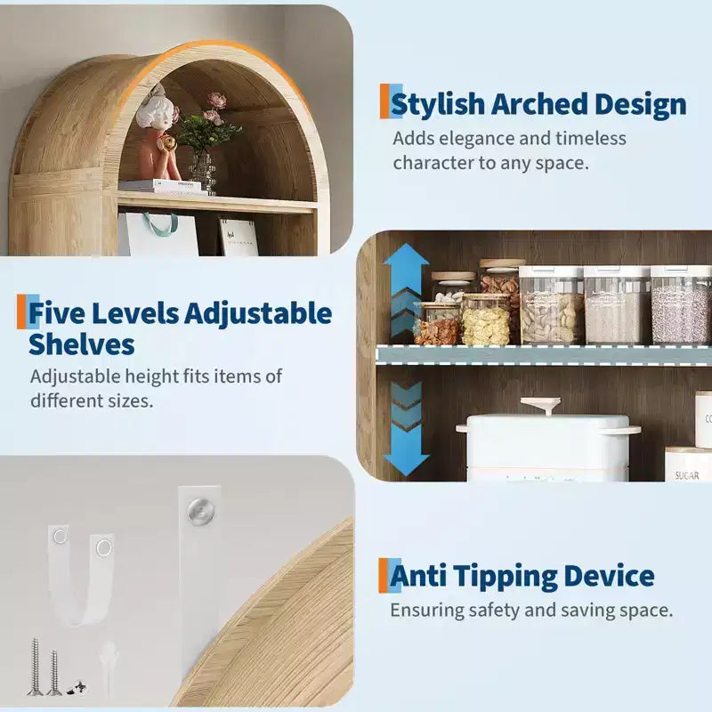 Étagère arquée 7 niveaux brun naturel, rangement ouvert, utilisateur unique