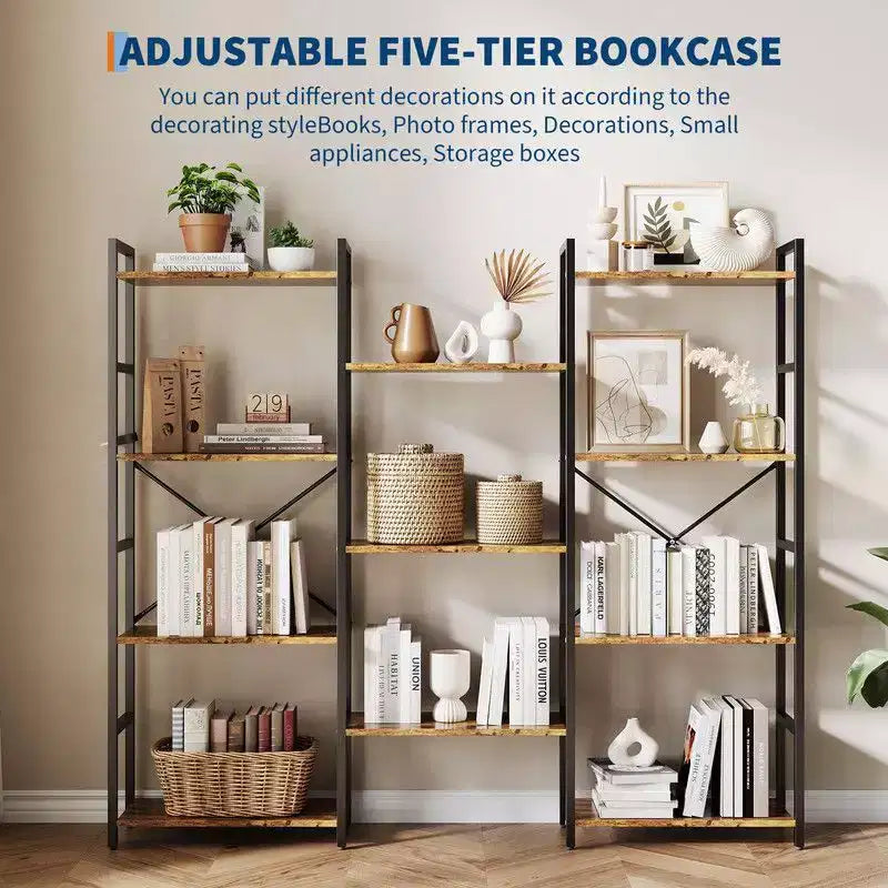 Étagère bibliothèque industrielle rustique noire/marron à triple colonne, 11 étagères ouvertes