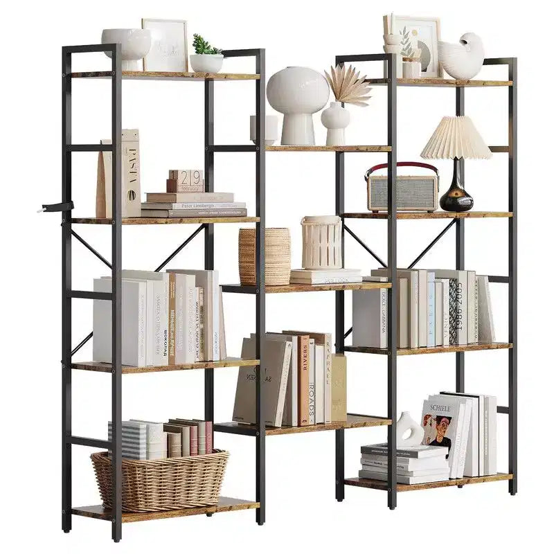 Étagère bibliothèque industrielle rustique noire/marron à triple colonne, 11 étagères ouvertes