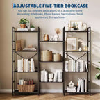 Étagère bibliothèque industrielle rustique noire/marron à triple colonne, 11 étagères ouvertes