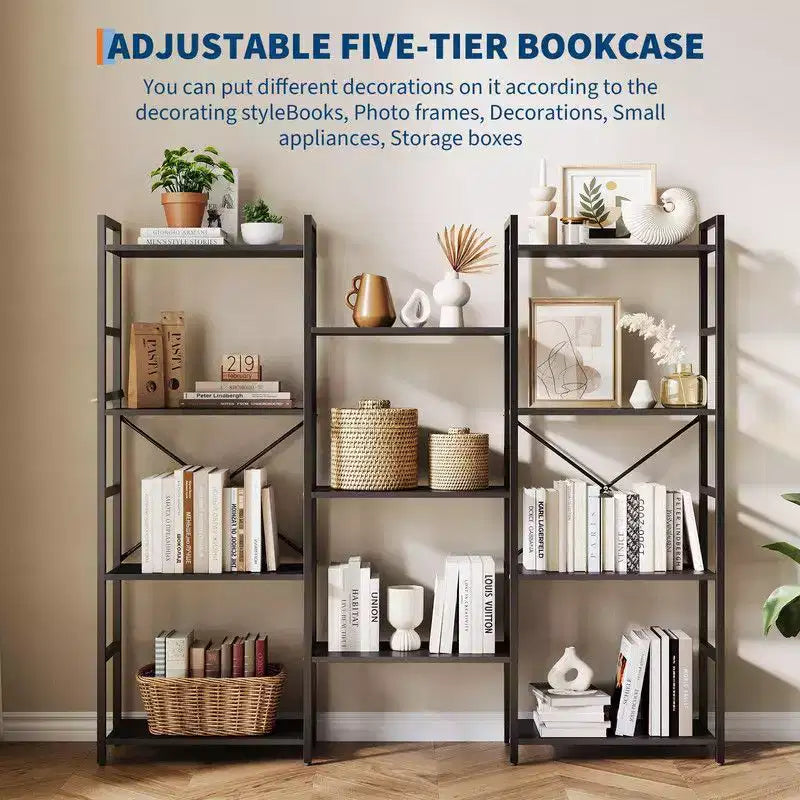 Étagère bibliothèque industrielle rustique noire/marron à triple colonne, 11 étagères ouvertes