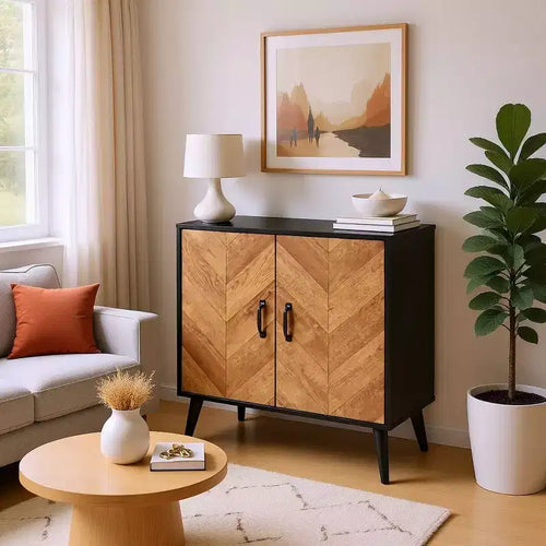 Homy Casa Black Storage Cabinet with Chevron Wood Door for Living Room or Entryway