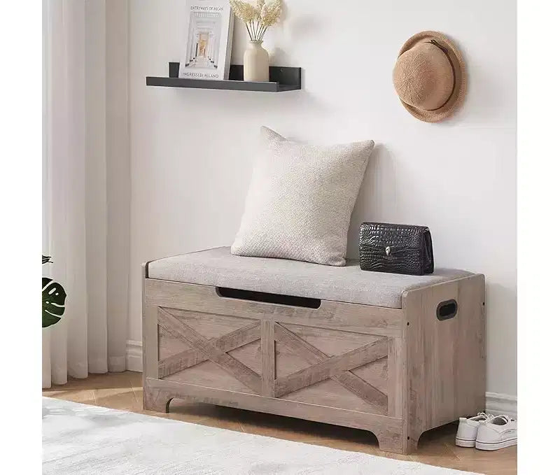 Banc de rangement relevable en lin naturel, style rétro, 1-2 personnes