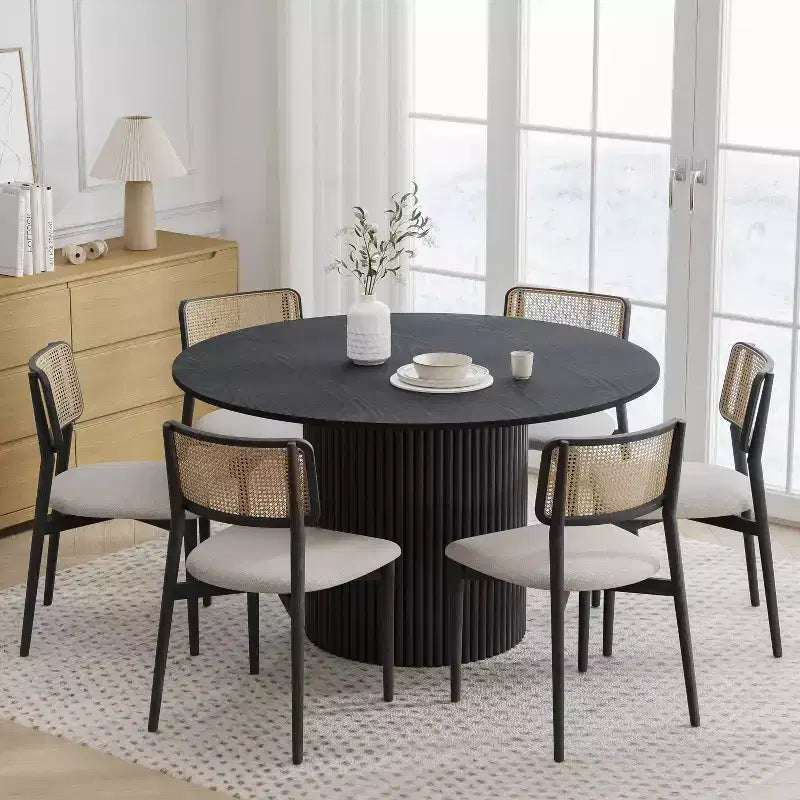 PexFix 52 Solid Wood Round Dining Table Kitchen Table for 4-6 with Tabletop & Concave Cylinder Legs for Living/Dining Room Coffee Office Black