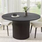 Table à manger ronde noire en bois massif, pied central cannelé, pour 6 personnes maximum