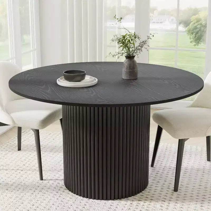 Table à manger ronde noire en bois massif, pied central cannelé, pour 6 personnes maximum