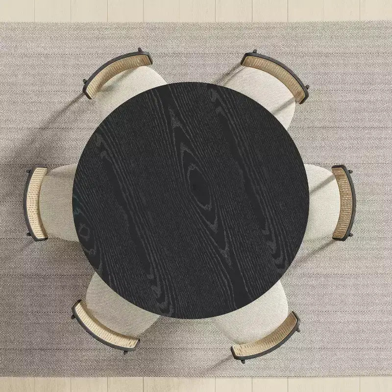 Table à manger ronde noire en bois massif, pied central cannelé, pour 6 personnes maximum