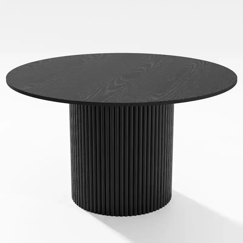 Table à manger ronde noire en bois massif, pied central cannelé, pour 6 personnes maximum