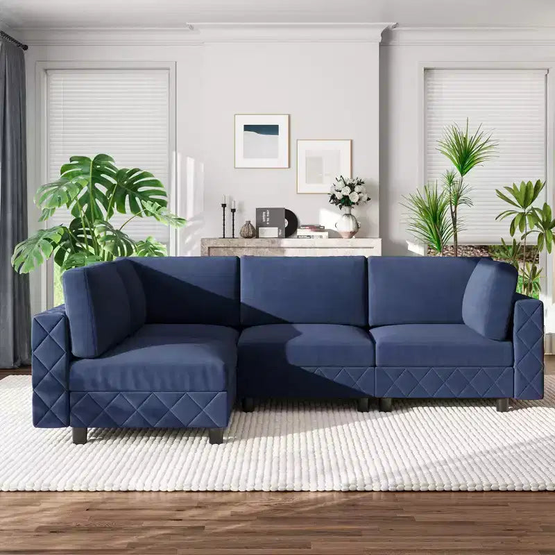 Canapé sectionnel modulaire en L noir, 4 places, revêtu de velours chenille