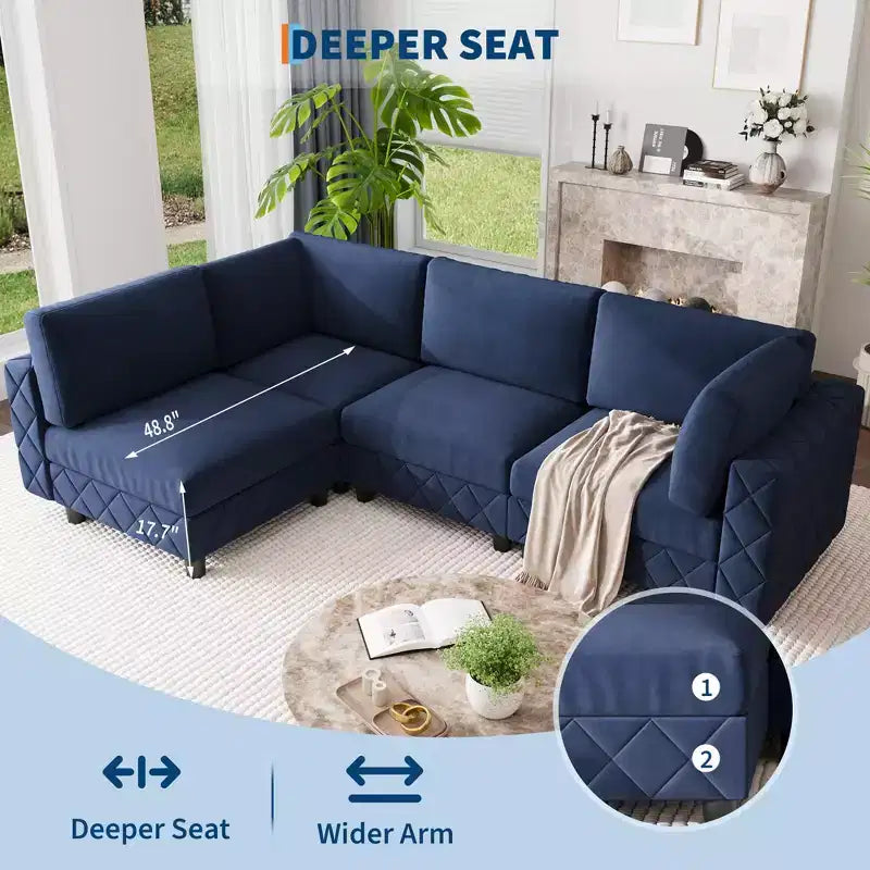 Canapé sectionnel modulaire en L noir, 4 places, revêtu de velours chenille