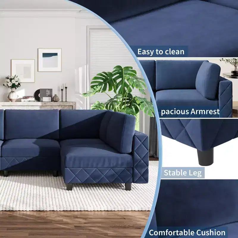 Canapé sectionnel modulaire en L noir, 4 places, revêtu de velours chenille