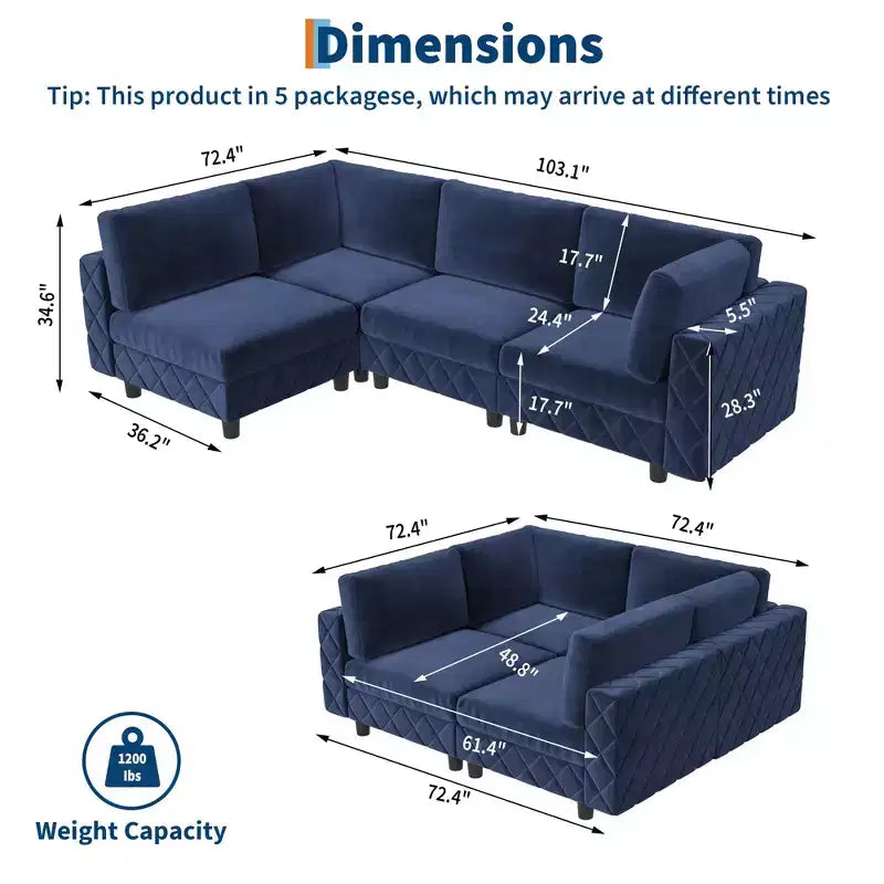 Canapé sectionnel modulaire en L noir, 4 places, revêtu de velours chenille