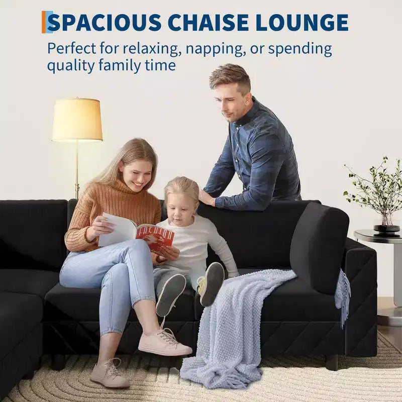 Canapé sectionnel modulaire en L noir, 4 places, revêtu de velours chenille