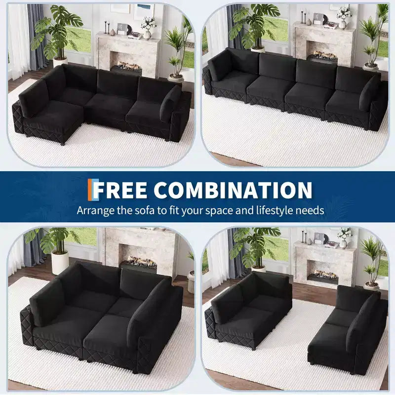 Canapé sectionnel modulaire en L noir, 4 places, revêtu de velours chenille
