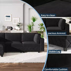 Canapé sectionnel modulaire en L noir, 4 places, revêtu de velours chenille