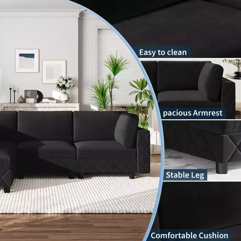 Canapé sectionnel modulaire en L noir, 4 places, revêtu de velours chenille