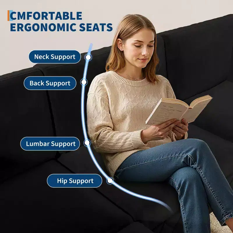 Canapé sectionnel modulaire en L noir, 4 places, revêtu de velours chenille