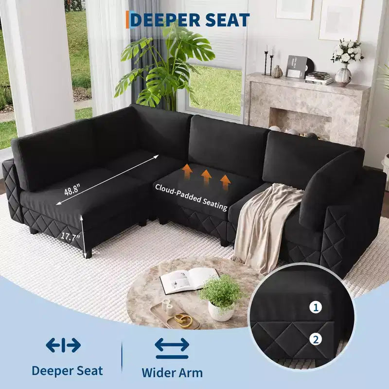 Canapé sectionnel modulaire en L noir, 4 places, revêtu de velours chenille