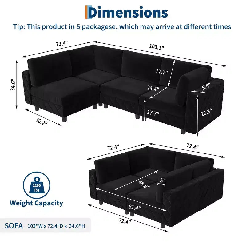 Canapé sectionnel modulaire en L noir, 4 places, revêtu de velours chenille