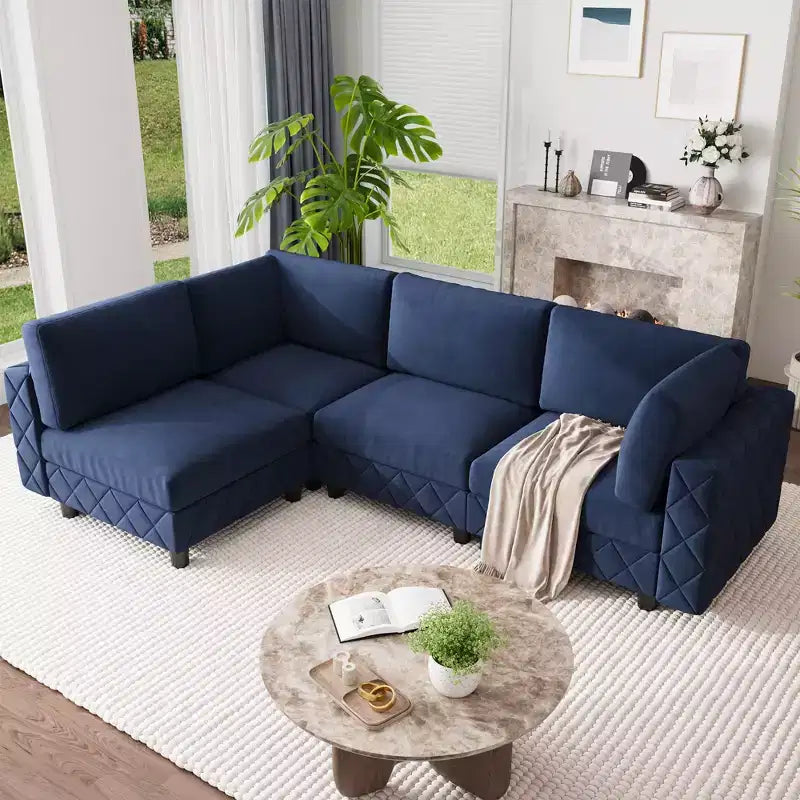 Canapé sectionnel modulaire en L noir, 4 places, revêtu de velours chenille