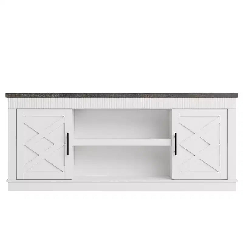 Meuble TV cannelé de style campagnard brun/blanc, compatible avec les téléviseurs jusqu'à 75", rangement 2 portes, 1 unité