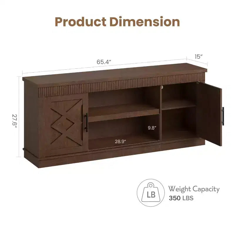 Meuble TV cannelé de style campagnard brun/blanc, compatible avec les téléviseurs jusqu'à 75", rangement 2 portes, 1 unité