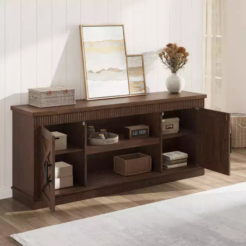 Meuble TV cannelé de style campagnard brun/blanc, compatible avec les téléviseurs jusqu'à 75", rangement 2 portes, 1 unité