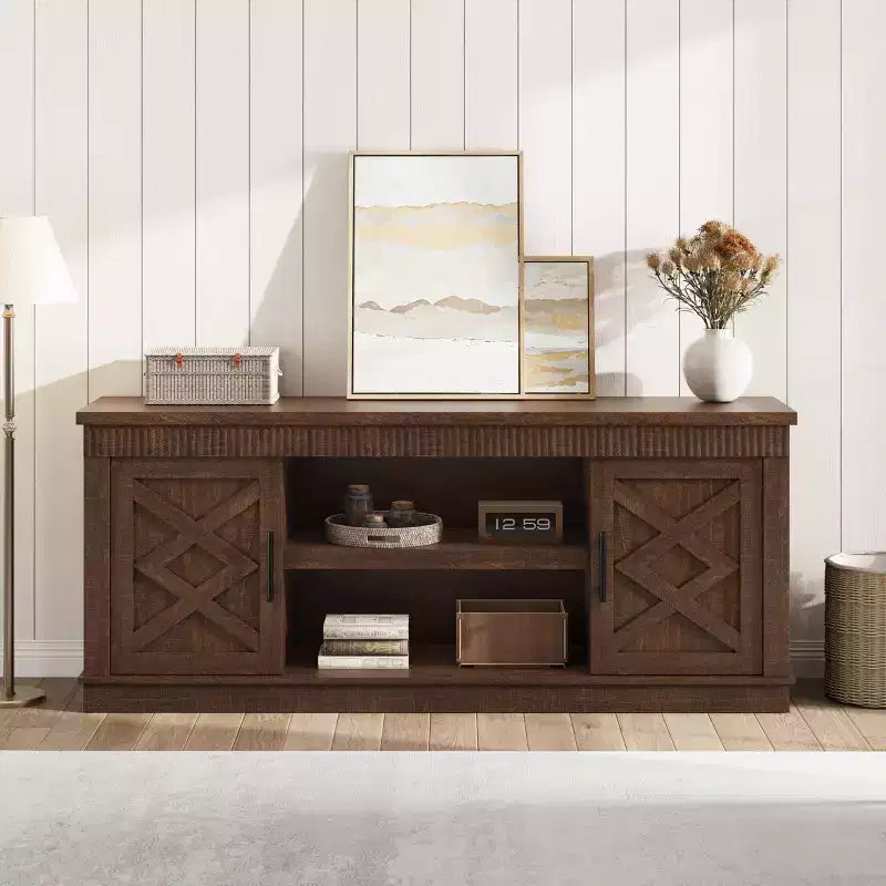 Meuble TV cannelé de style campagnard brun/blanc, compatible avec les téléviseurs jusqu'à 75", rangement 2 portes, 1 unité