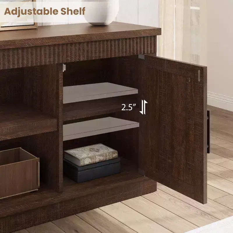 Meuble TV cannelé de style campagnard brun/blanc, compatible avec les téléviseurs jusqu'à 75", rangement 2 portes, 1 unité