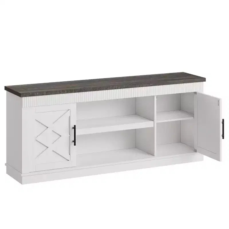 Meuble TV cannelé de style campagnard brun/blanc, compatible avec les téléviseurs jusqu'à 75", rangement 2 portes, 1 unité