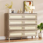 COZONY 8-Drawer Rattan Dresser, Modern Wood Storage Cabinet with Woven Fronts, Wide Chest of Drawers for Bedroom Living Room Hallway