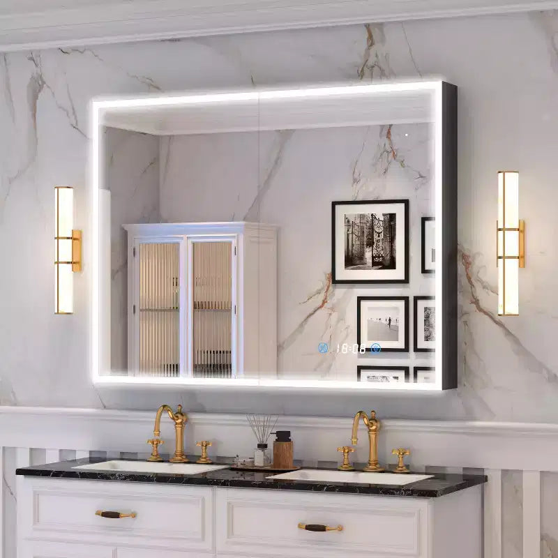 FAMYYT 48 in. W x 36 in. H Rectangular Aluminum Medicine Cabinet with Mirror and Light, Dimmable, Defogger, Black