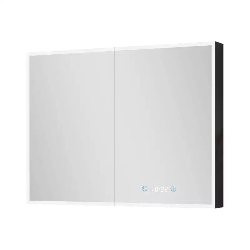 Armoire à pharmacie rectangulaire noire à LED avec miroir, 2 portes, 1 personne