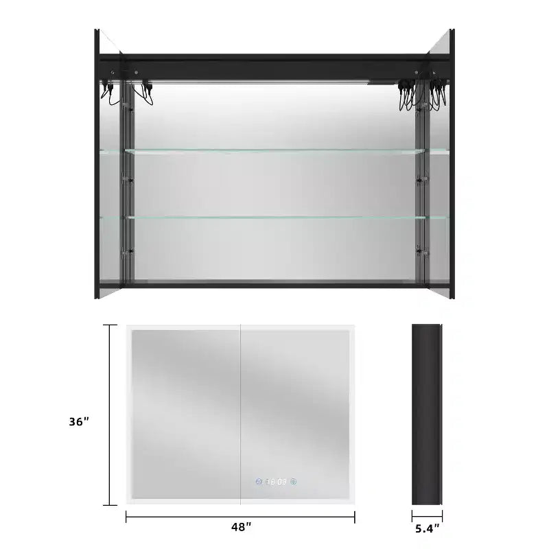 Armoire à pharmacie rectangulaire noire à LED avec miroir, 2 portes, 1 personne