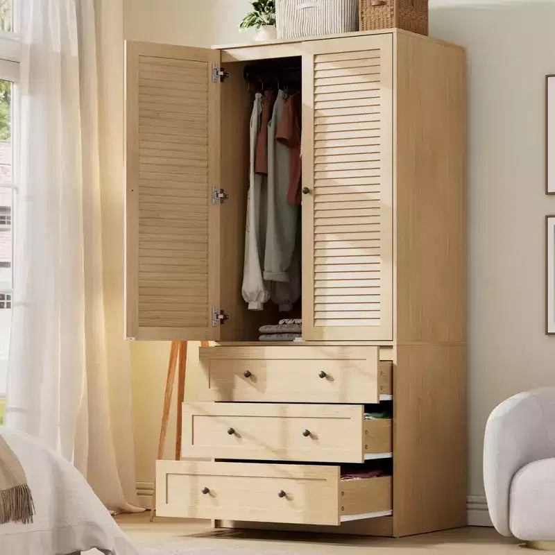 Armoire penderie en bois marron à 2 portes et 3 tiroirs, pour 1 personne