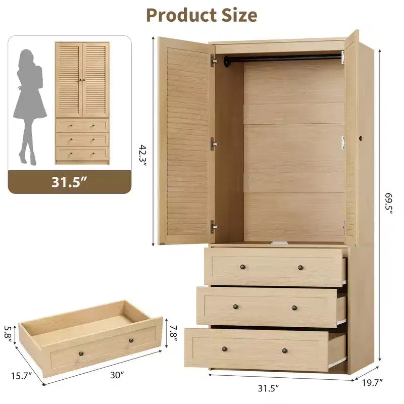 Armoire penderie en bois marron à 2 portes et 3 tiroirs, pour 1 personne