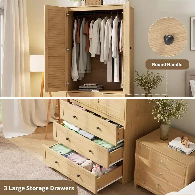 Armoire penderie en bois marron à 2 portes et 3 tiroirs, pour 1 personne