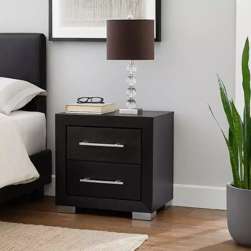 Table de chevet noire à 2 tiroirs avec ports USB, 66 cm