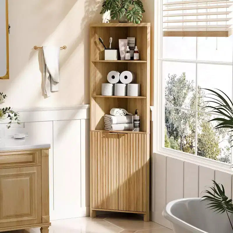 Dcolora 68 Tall Corner Cabinet with Fluted Doors,Corner Bathroom Storage Cabinet Pantry Hutch Display Shelves Adjustable