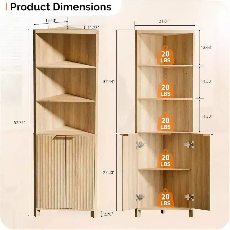 Meuble d'angle à cannelures en chêne naturel avec portes, 3 étagères de rangement