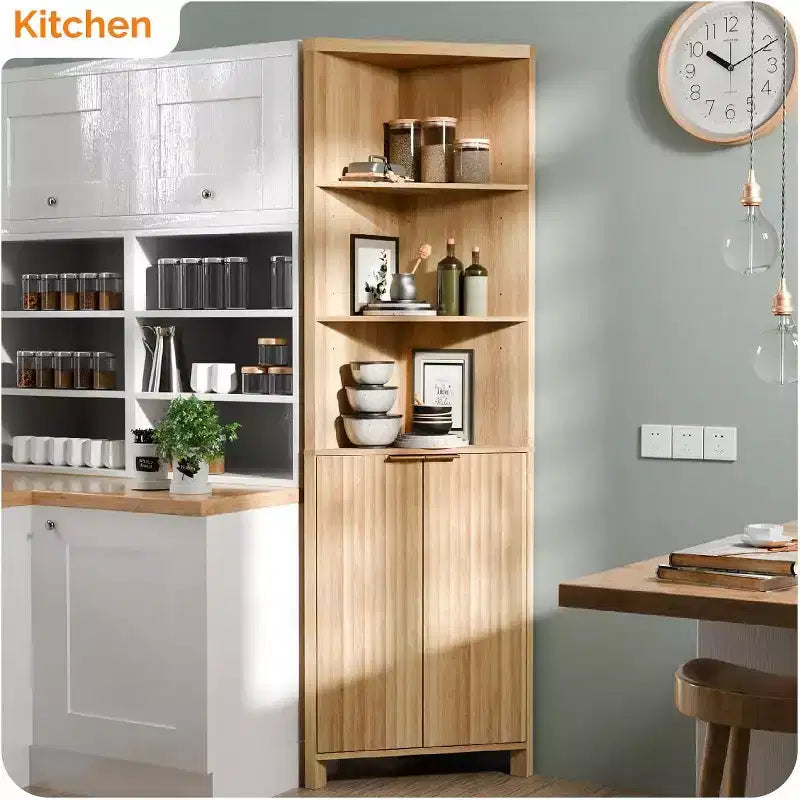 Meuble d'angle à cannelures en chêne naturel avec portes, 3 étagères de rangement