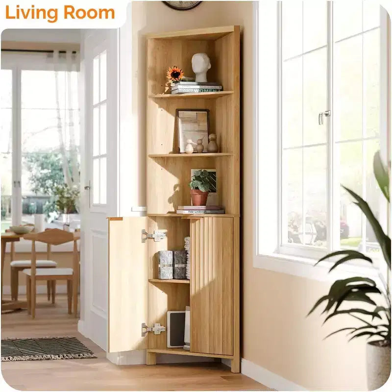 Meuble d'angle à cannelures en chêne naturel avec portes, 3 étagères de rangement