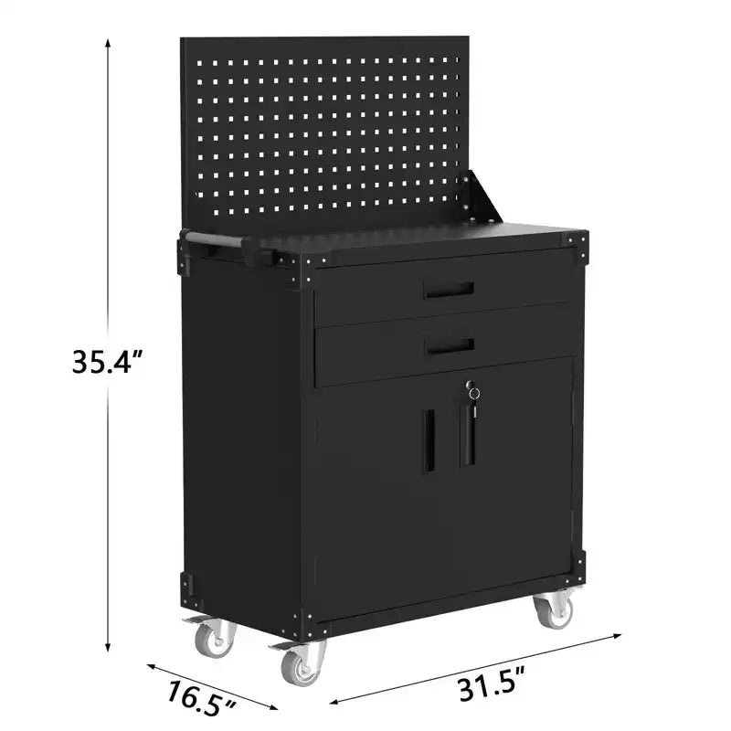 Servante d'atelier noire avec panneau perforé, 2 tiroirs et roulettes verrouillables