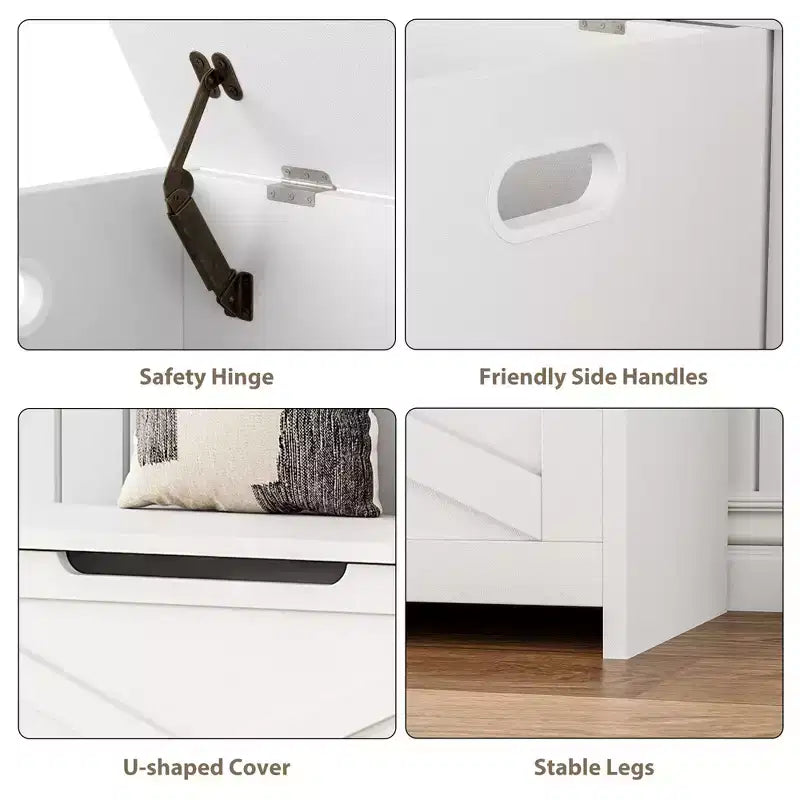 Banc de rangement à abattant, une place, 30", blanc mat / couleurs rétro / frêne délavé