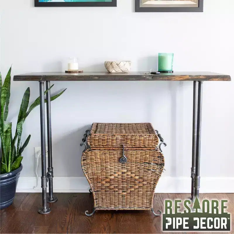 Console en acier gris et pin marron, assemblage par 1 personne, 122 cm L