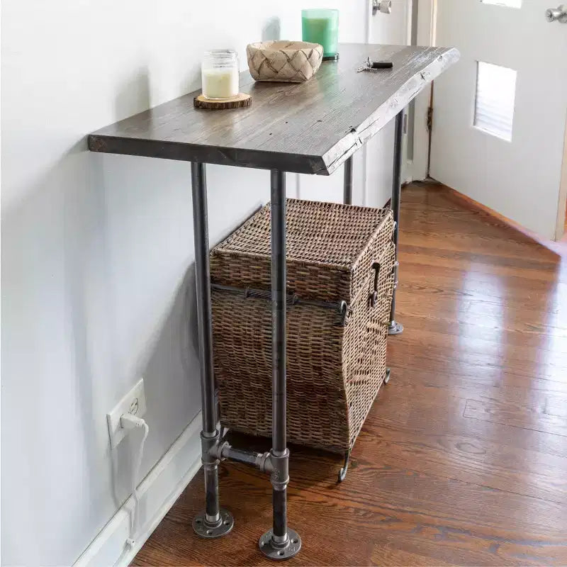 Console en acier gris et pin marron, assemblage par 1 personne, 122 cm L