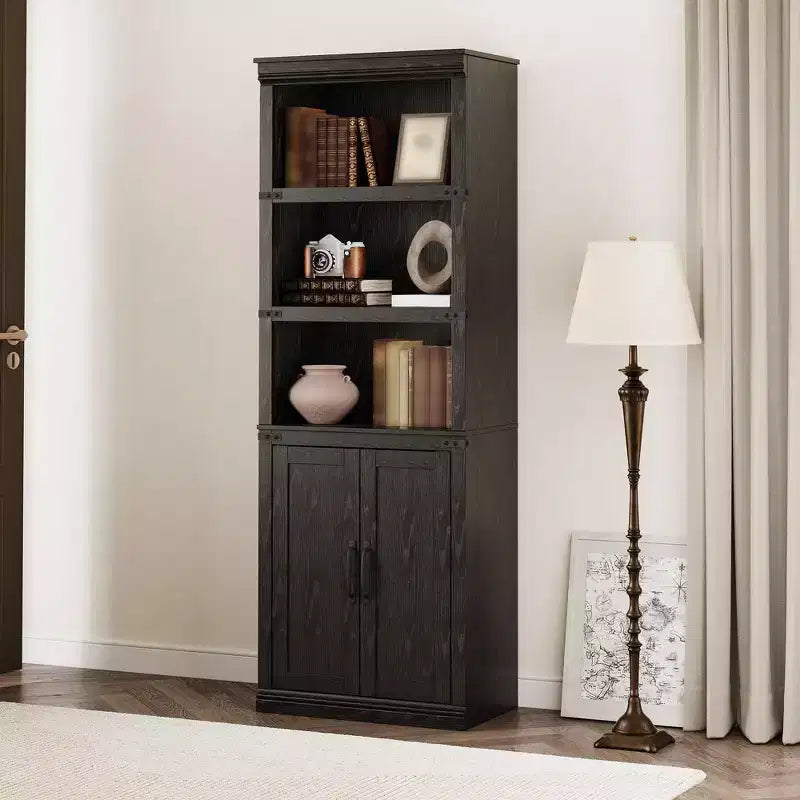 Bibliothèque à 5 étagères avec armoire de rangement Gris / Blanc antique / Chêne foncé, assemblage par 1 personne