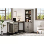 Bibliothèque à 5 étagères avec armoire de rangement Gris / Blanc antique / Chêne foncé, assemblage par 1 personne