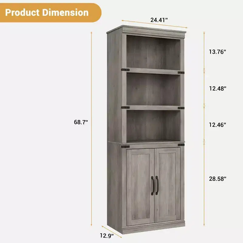 Bibliothèque à 5 étagères avec armoire de rangement Gris / Blanc antique / Chêne foncé, assemblage par 1 personne